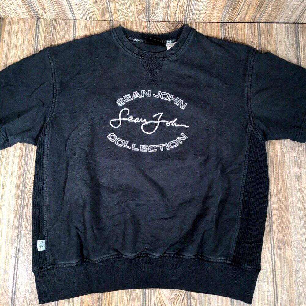 Sean John Black Short Sleeve Pullover Crew Neck‎ Men Sz L Vintage Workout Cotton